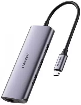 Адаптер UGREEN 60718 USB-C to 3*USB 3.0+RJ45+micro USB, серый