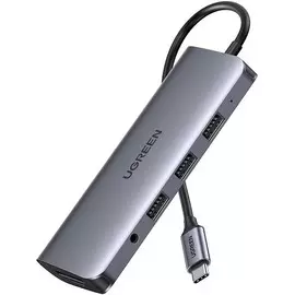 Адаптер UGREEN CM179 80133 USB Type-C Male/3*USB Type-A+HDMI+VGA+RJ45+SD/TF+3.5mm audio+PD, цвет: серый космос