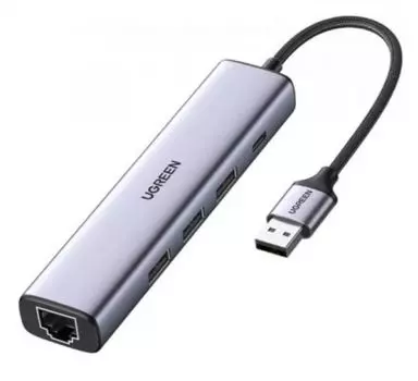 Адаптер UGREEN CM475 60554 USB Tape-A 3.0 to 3*USB3.0+RJ45/USB Type-C, цвет: серый
