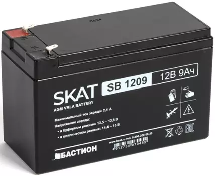 Аккумулятор Бастион SKAT SB 1209 свинцово-кислотный тип AGM 12V 9Ач Iзар. 2,7 А, ножевые клеммы
