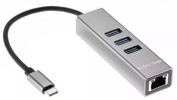 Адаптер сетевой Telecom TA311C USB 3.1 Type-C/RJ-45 1000Mbps/3*USB3.0, Aluminum Shell, 0.2m