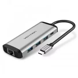 Адаптер сетевой Vention USB-C M/ Gigabit Ethernet RJ45 F/OTG хаб 3xUSB 3.0/PD TGDHB до 5 Гбит/сек, USB 3.1 ; Gigabit Ethernet, 0,15м, серый