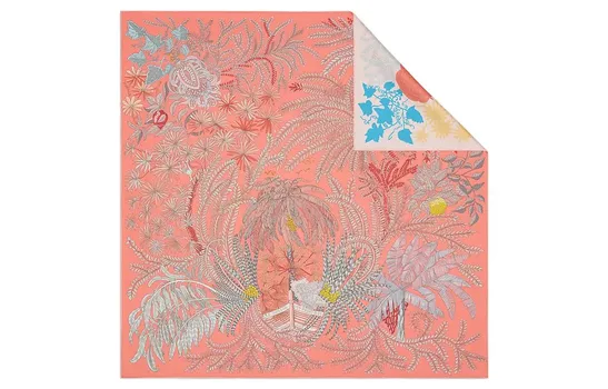 Шелковый шарф Le Jardin Des Peintres женский HERMES, Salmon Pink/Blue Gray/Gray Green