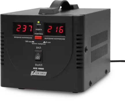 Стабилизатор POWERMAN AVS 1000D, черный, ступенчатый регулятор, цифровые индикаторы уровней напряжения, 1000ВА, 140-260В, максимальный входной ток 7А, 2 евророзетки, IP-20, напольный, 200мм х 150мм х 140мм, 2,3 кг. POWERMAN AVS 1000D (POWERMAN AVS 1000D