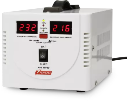 Стабилизатор POWERMAN AVS 1000D, ступенчатый регулятор, цифровые индикаторы уровней напряжения, 1000ВА, 140-260В, максимальный входной ток 7А, 2 евророзетки, IP-20, напольный, 200мм х 150мм х 140мм, 2,3 кг. POWERMAN AVS 1000D