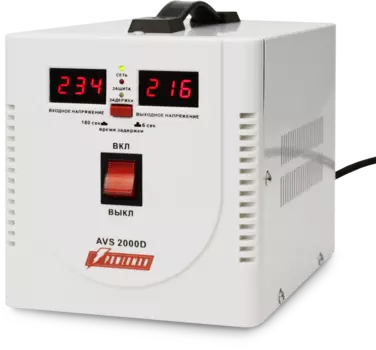 Стабилизатор POWERMAN AVS 2000D, ступенчатый регулятор, цифровые индикаторы уровней напряжения, 2000ВА, 140-260В, максимальный входной ток 12А, 2 евророзетки, IP-20, напольный, 200мм х 160мм х 190мм, 4.9 кг. POWERMAN AVS 2000D