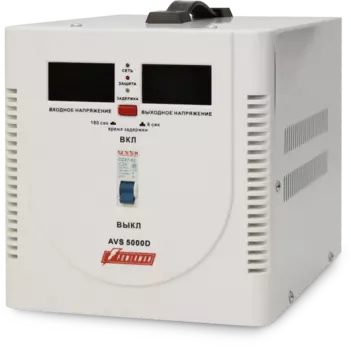 Стабилизатор POWERMAN AVS 5000D, ступенчатый регулятор, цифровые индикаторы уровней напряжения, 5000ВА, 140-260В, максимальный входной ток 24А, клеммная колодка, IP-20, напольный, 280мм х 200мм х 225мм, 8.6 кг. POWERMAN AVS 5000D