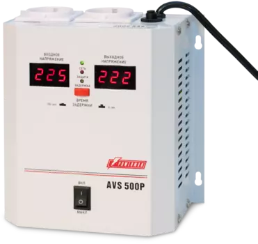 Стабилизатор POWERMAN AVS 500P, ступенчатый регулятор, цифровые индикаторы уровней напряжения, 500ВА, 110-260В, максимальный входной ток 5А, 2 евророзетки, IP-20, навесной, 185мм х 170мм х 100мм, 2,5 кг. POWERMAN AVS 500P (POWERMAN AVS-500P)