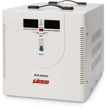 Стабилизатор POWERMAN AVS 8000D, ступенчатый регулятор, цифровые индикаторы уровней напряжения, 8000ВА, 140-260В, максимальный входной ток 40А, клеммная колодка, IP-20, напольный, 410мм х 280мм х 310мм, 13.5 кг. POWERMAN AVS 8000D