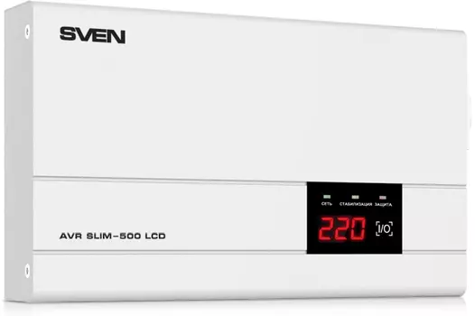 Стабилизатор SVEN SLIM-500 LCD, релейный, 400вт, 500Ва, 140-260в, функция «пауза», 1 евророзетка, 2.35 кг SVEN AVR SLIM-500 LCD (SV-012809)