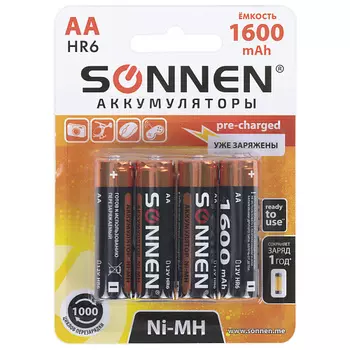 SONNEN Батарейки аккумуляторные Ni-Mh пальчиковые КОМПЛЕКТ АА (HR6)