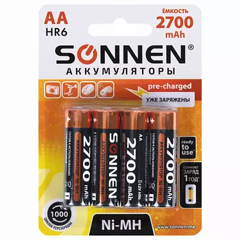 SONNEN Батарейки аккумуляторные Ni-Mh пальчиковые КОМПЛЕКТ АА (HR6)