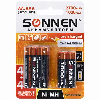 SONNEN Батарейки аккумуляторные Ni-Mh пальчик/мизинчик НАБОР (AA+ААА)