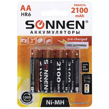 SONNEN Батарейки аккумуляторные Ni-Mh пальчиковые КОМПЛЕКТ АА (HR6)