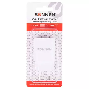 SONNEN Сетевое зарядное устройство, 2 порта USB-A-QC3.0, USB-C-PD