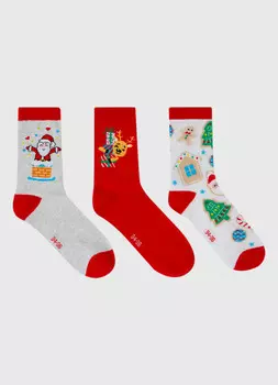 Новогодние носки для девочек, 3 пары, Красный