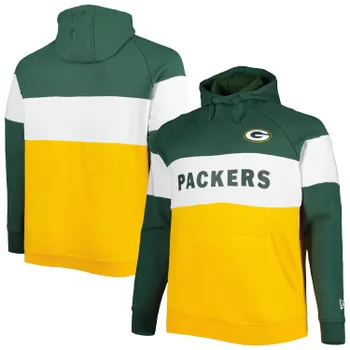 Мужской золотистый флисовый пуловер с капюшоном Green Bay Packers Big & Tall Current Team с цветными блоками и регланами New Era