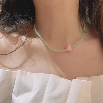 Ожерелье Macaron Ice Through Pink Green Natural Stone с бусинами Love, женская индивидуальность, уникальный темперамент, универсальная цепочка на шею, цепочка на ключицу