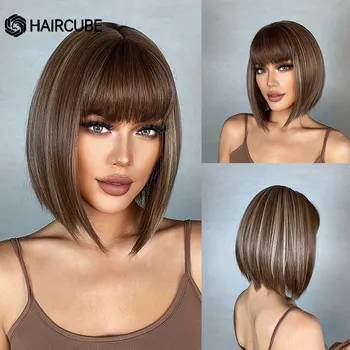 HAIRCUBE Короткие прямые парики боб блондинка Ombre парики из синтетических волос с челкой для женщин повседневные натуральные парики Лолита термостойкие