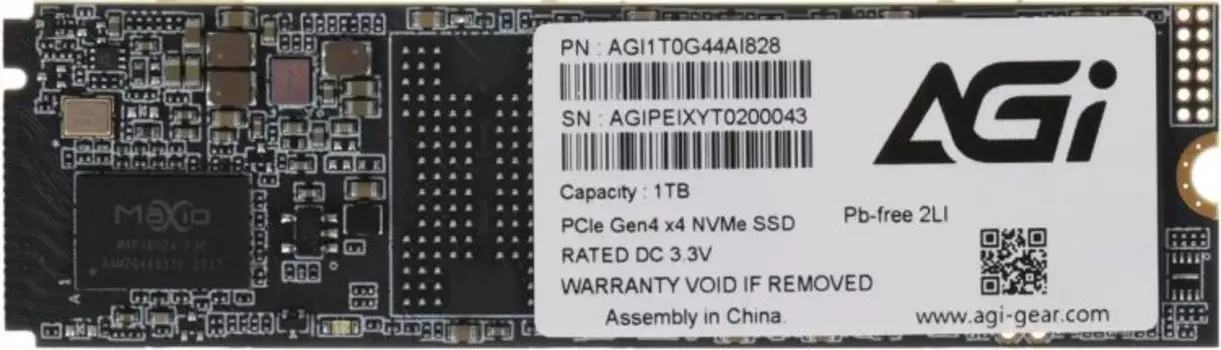 Накопитель SSD M.2 2280 AGI AI828 1TB, 7400/5200MB/s, TBW 750, MTBF 2M