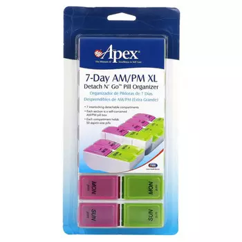 Apex, Detach N' Go Pill Organizer, 7-дневный органайзер для таблеток с учетом приема 2 раза в день, размер XL, 1 шт.