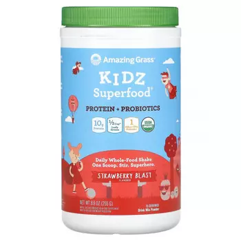 Amazing Grass, Kidz Superfood, протеин и пробиотики, клубничный взрыв, 255 г (8,9 унции)
