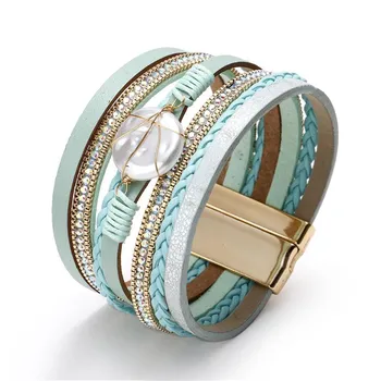 Кожаный браслет для женщин Многослойный браслет в стиле бохо Femme Jewelry чёрный
