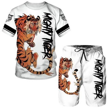 Летняя мужская футболка/шорты/костюм Tiger King с короткими рукавами и принтом животных с 3D принтом, спортивный костюм, комплект из двух предметов S