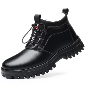 Fashion Men Wool Fur Boots Thick Antiskid Sole Winter Shoes Men Genuine Leather Designer Sneakers Outdoors Ankle Boots For Daddy Man 6 чёрный
