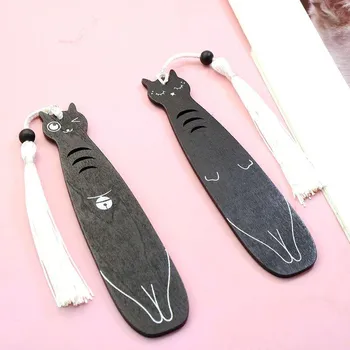 2 шт. деревянные закладки с мультяшным котом и кисточками Kawaii деревянные закладки для студентов, учителей, канцелярские принадлежности, маркер для книг 13cm