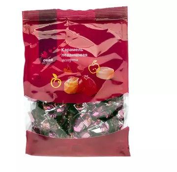 Карамель леденцовая ОКЕЙ ассорти персик/йогурт/яблоко/вишня 150г