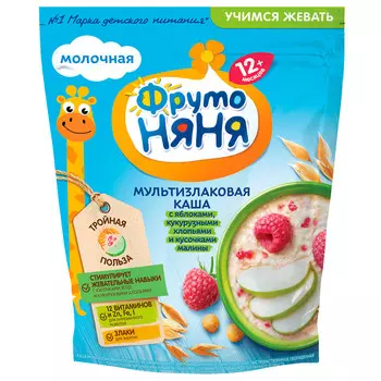 Каша Фрутоняня мол. мультизлаковая с яблоками и кусочками малины с 12 мес 200г