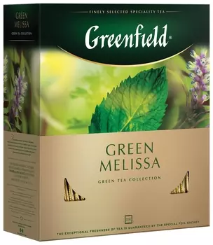 Чай Greenfield (Гринфилд) "Green Melissa", зеленый, с мятой, 100 пакетиков в конвертах по 1,5 г, 0879