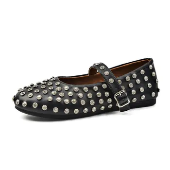 Fashion Autumn New Flat Shoes Women s Fashion Round Head Shallow Mouth Rhinestones Rivet Soft Soles Non-slip Low Top Shoes 35 белый