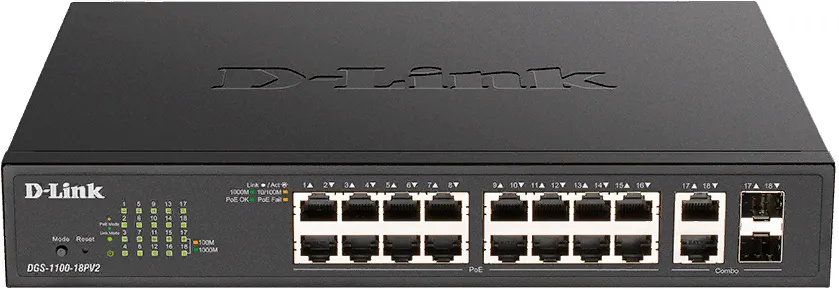 Коммутатор управляемый D-link DGS-1100-18PV2/A3A 16x10/100/1000Base-T PoE (PoE-бюджет 130 Вт), 2xCOMBO 1000Base-T/SFP, L2