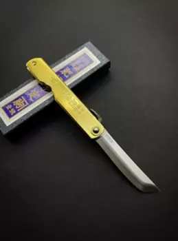Нож складной Higonokami Nagao Sasaha (Бамбук), 80 мм, сталь 3 слоя с сердечником из Shirogami, рукоять латунь золотая