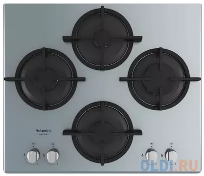 Встраиваемая варочная панель HOTPOINT-ARISTON/ Газ на стекле. 4 зоны, Step Flame, автоподжиг, газ-контроль, чугунные решетки, серебристый, 4,3x60x51