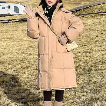 Женская зимняя студенческая длинная пуховая куртка на хлопковой подкладке, утолщенное свободное пальто с капюшоном M чёрный