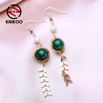 KNIKOO Длинные серьги-капли в форме листьев для женщин, модные серьги с натуральным пресноводным жемчугом, ювелирные изделия для свадебных вечеринок, подарки красный