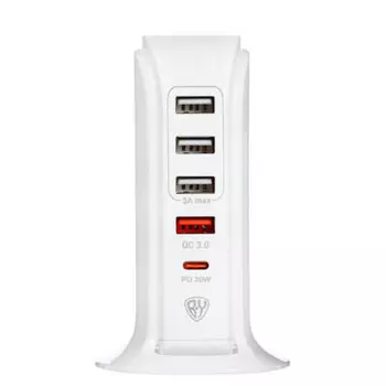 FORZA Сетевое зарядное устройство Tower, быстрая зарядка QC3.0+PD, 4xUSB, 1xType-C, 3.4А, кабель1,5м