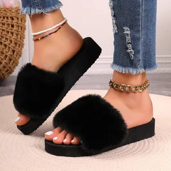 Women House Autumn Winter Furry Slippers Non-Slip Casual Indoor Flats Floor Shoes Ladies Flip Flops Warm Shoes Solid Colors 36 серый
