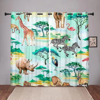 Thick Cartoon Watercolor Animal Ocean Blackout Window Curtains for Bedroom Living Room Bathroom Kicthen Door Home High Shading W55 X H120cm X 2&HOOK