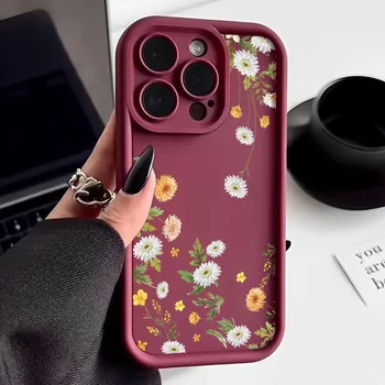 Милый цветочный принт мягкий чехол для телефона TPU для iPhone 16 Pro Max 15 Plus 14 Pro 13 12 11 XR XS 8 7 защита объектива противоударный матовый бампер чехол iPhone 16 чёрный
