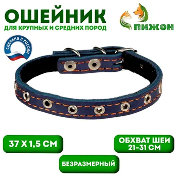 Ошейник кожаный на синтепоне, безразмерный, 37 х 1,5 см, ош 21-31 см, синий
