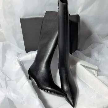 2024 pointed but knee boots knight Korean version fine heel temperament side zipper high boots 35 белый
