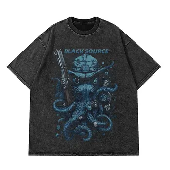 Черный Источник АНИМЕ МАНГА ВИНТАЖНАЯ ПОТЕРТА УНИСЕКС ФУТБОЛКА Octopus Мужская футболка Harajuku в японском стиле Футболка большого размера Одежда Топы S