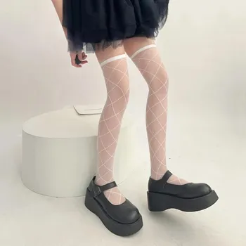 Новые чулки Diamond Grid для женщин, нижнее белье, костюм Лолиты, японская JK Girl Cross Line, черные, белые, шелковистые, прозрачные, чулки medias one size чёрный