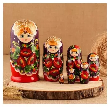 Матрешка "Маки", фиолетово-красная платок, 7-ми кукольная, 21 см