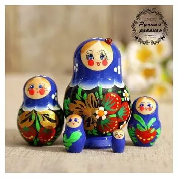 Матрёшка «Божья коровка», голубое платье, 5 кукольная, 10 см