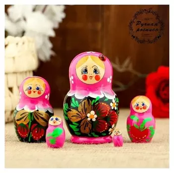 Матрёшка «Божья коровка», розовое платье, 5 кукольная, 10 см
